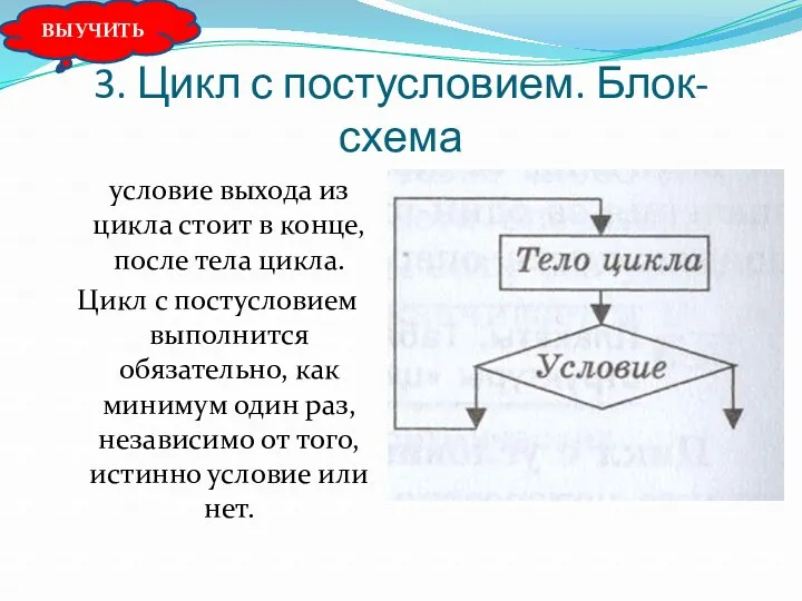 3. Цикл с постусловием. Блок-схема условие выхода из цикла стоит