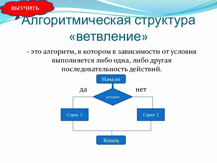 Алгоритмическая структура «ветвление» - это алгоритм, в котором в зависимости