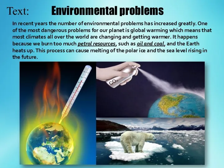 Text: In recent years the number of environmental problems has