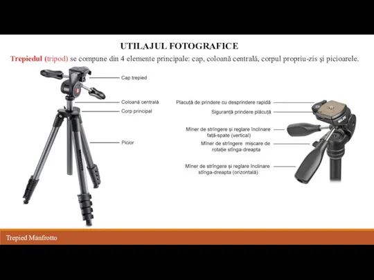 UTILAJUL FOTOGRAFICE Trepiedul (tripod) se compune din 4 elemente principale: