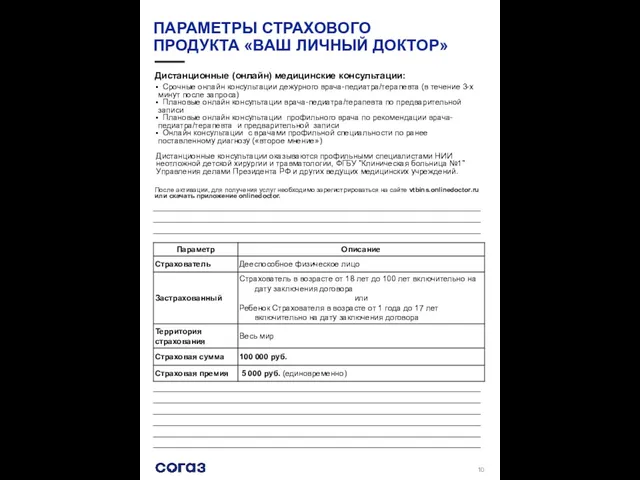 ПАРАМЕТРЫ СТРАХОВОГО ПРОДУКТА «ВАШ ЛИЧНЫЙ ДОКТОР» Срочные онлайн консультации дежурного