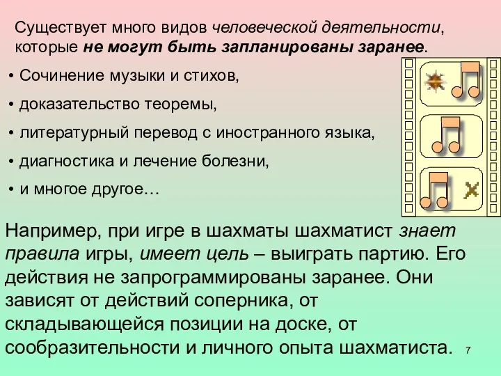 Существует много видов человеческой деятельности, которые не могут быть запланированы заранее. Сочинение музыки