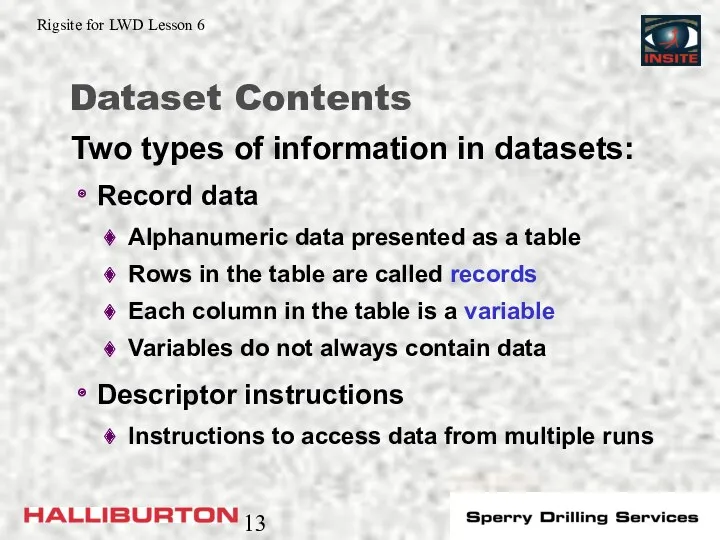 Dataset Contents Record data Alphanumeric data presented as a table