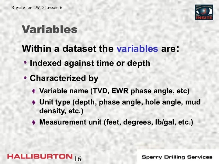 Variables Indexed against time or depth Characterized by Variable name