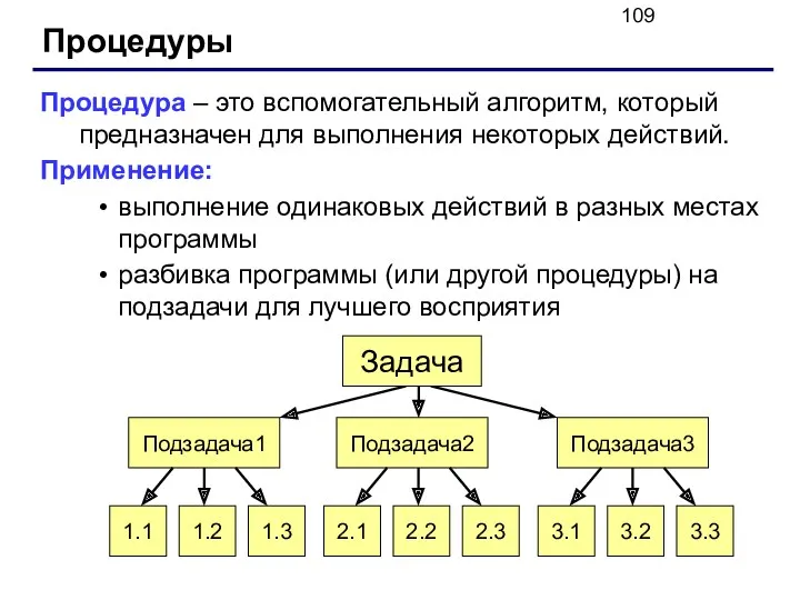 Процедуры Процедура – это вспомогательный алгоритм, который предназначен для выполнения