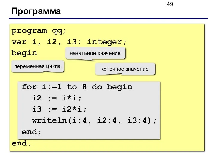 Программа program qq; var i, i2, i3: integer; begin for