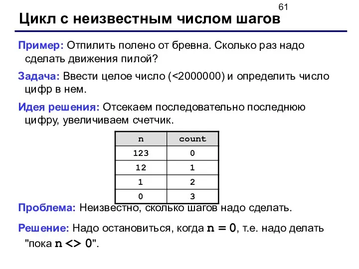 Цикл с неизвестным числом шагов Пример: Отпилить полено от бревна.