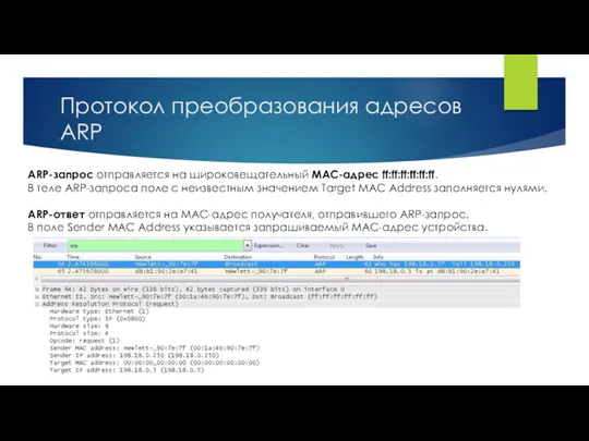 Протокол преобразования адресов ARP ARP-запрос отправляется на широковещательный MAC-адрес ff:ff:ff:ff:ff:ff.