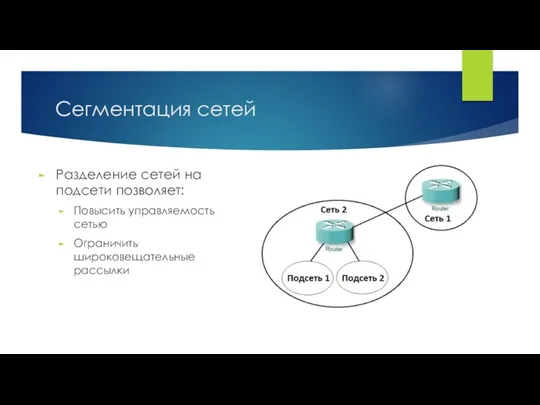 Сегментация сетей Разделение сетей на подсети позволяет: Повысить управляемость сетью Ограничить широковещательные рассылки
