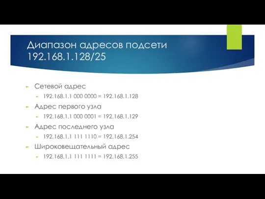 Диапазон адресов подсети 192.168.1.128/25 Сетевой адрес 192.168.1.1 000 0000 =