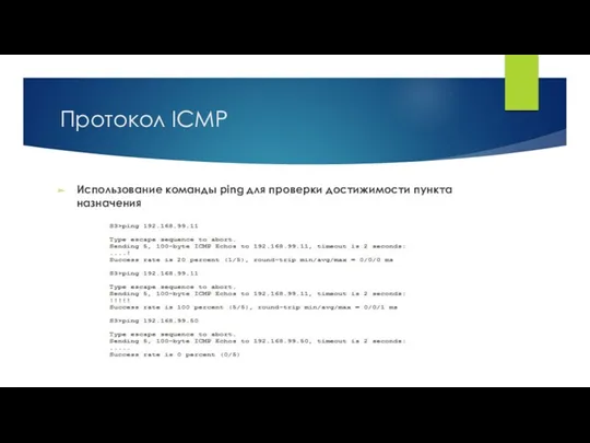 Протокол ICMP Использование команды ping для проверки достижимости пункта назначения