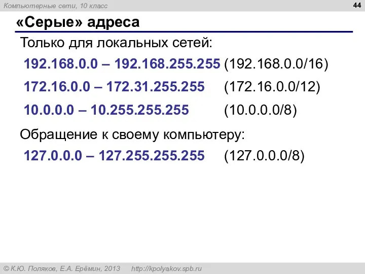 «Серые» адреса 192.168.0.0 – 192.168.255.255 (192.168.0.0/16) 172.16.0.0 – 172.31.255.255 (172.16.0.0/12)