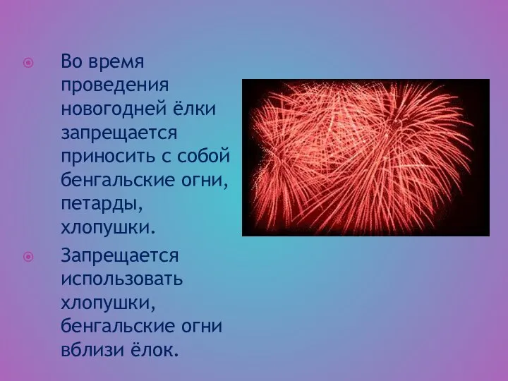 Во время проведения новогодней ёлки запрещается приносить с собой бенгальские огни, петарды, хлопушки.