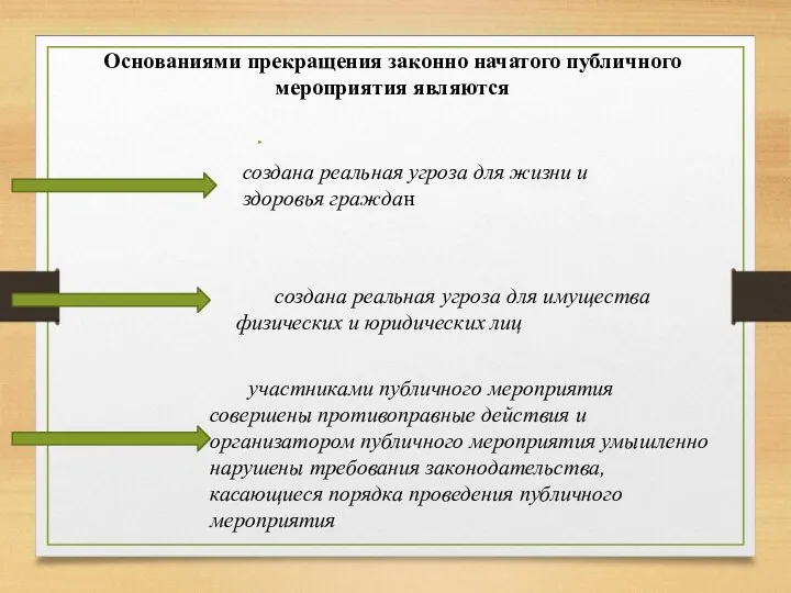 Основаниями прекращения законно начатого публичного мероприятия являются создана реальная угроза для жизни и