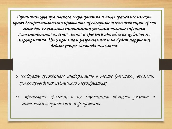 Организаторы публичного мероприятия и иные граждане имеют право беспрепятственно проводить предварительную агитацию среди