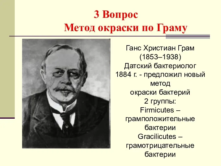 3 Вопрос Метод окраски по Граму Ганс Христиан Грам (1853–1938)