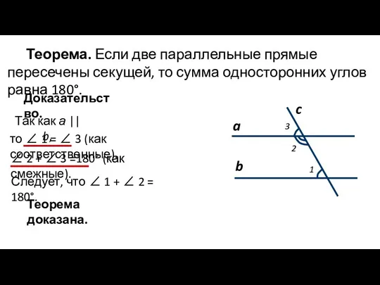 Теорема. Если две параллельные прямые пересечены секущей, то сумма односторонних