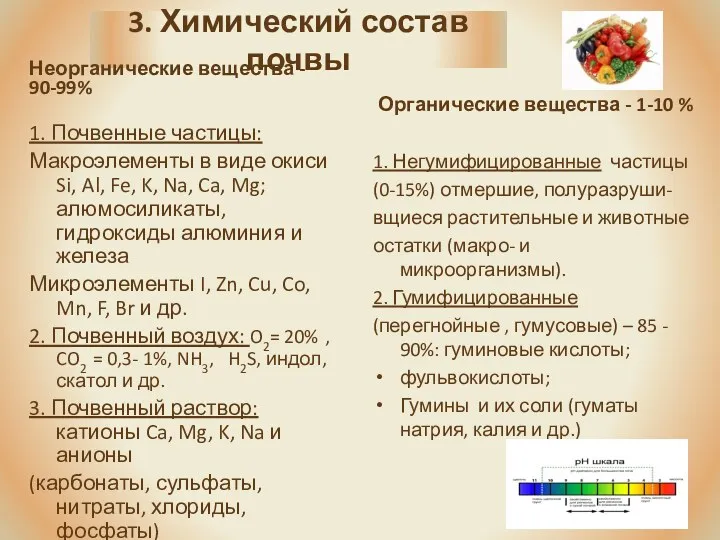 3. Химический состав почвы Неорганические вещества - 90-99% 1. Почвенные