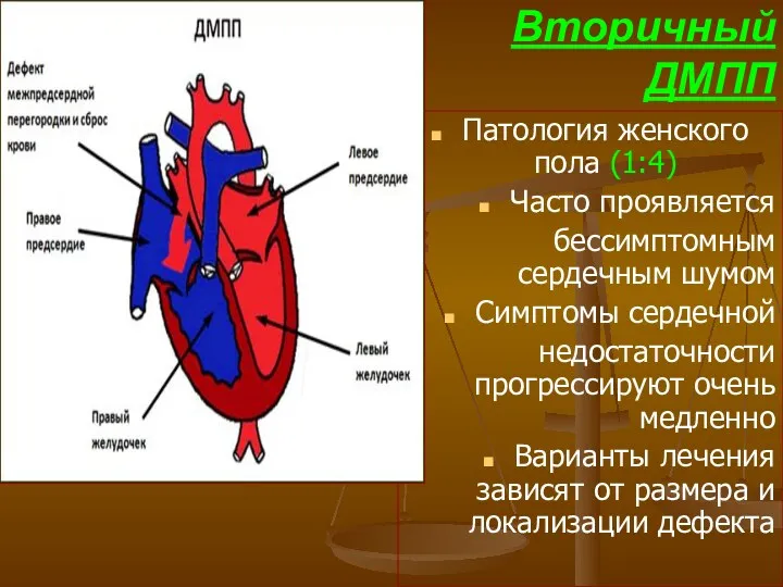 Вторичный ДМПП Патология женского пола (1:4) Часто проявляется бессимптомным сердечным