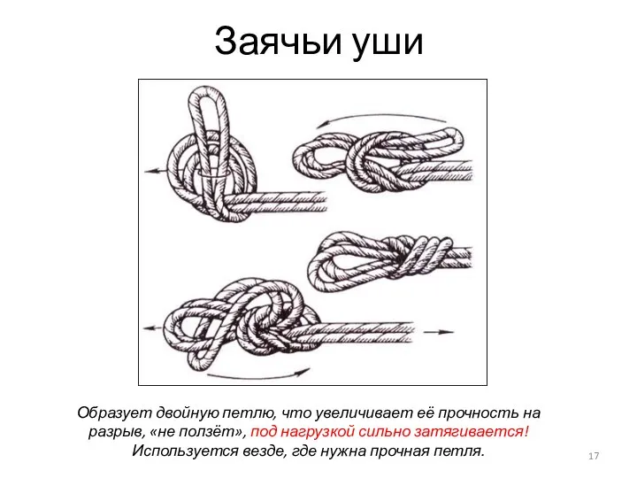 Заячьи уши Образует двойную петлю, что увеличивает её прочность на