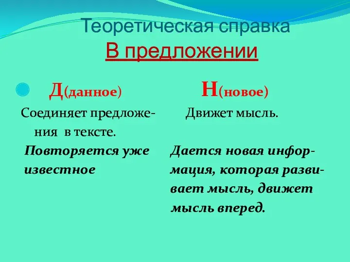 Теоретическая справка В предложении Д(данное) Н(новое) Соединяет предложе- Движет мысль.