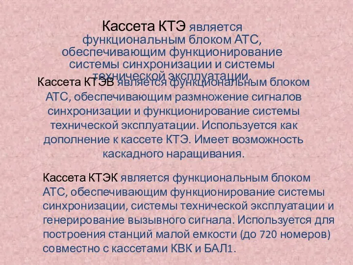 Кассета КТЭВ является функциональным блоком АТС, обеспечивающим размножение сигналов синхронизации и функционирование системы