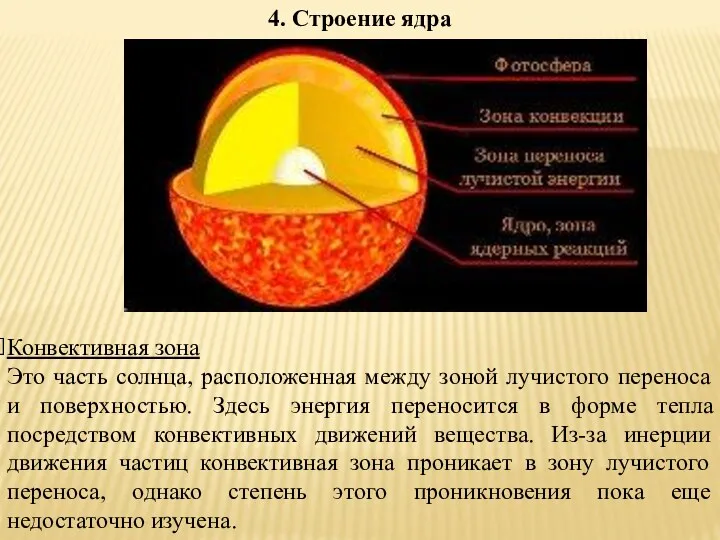 Конвективная зона Это часть солнца, расположенная между зоной лучистого переноса