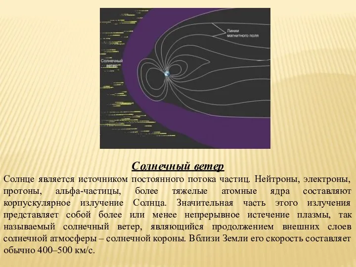 Солнечный ветер Солнце является источником постоянного потока частиц. Нейтроны, электроны,