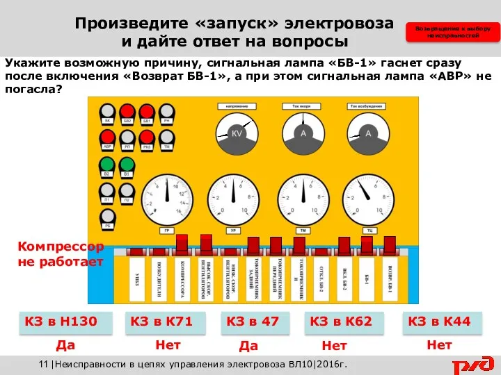 Укажите возможную причину, сигнальная лампа «БВ-1» гаснет сразу после включения