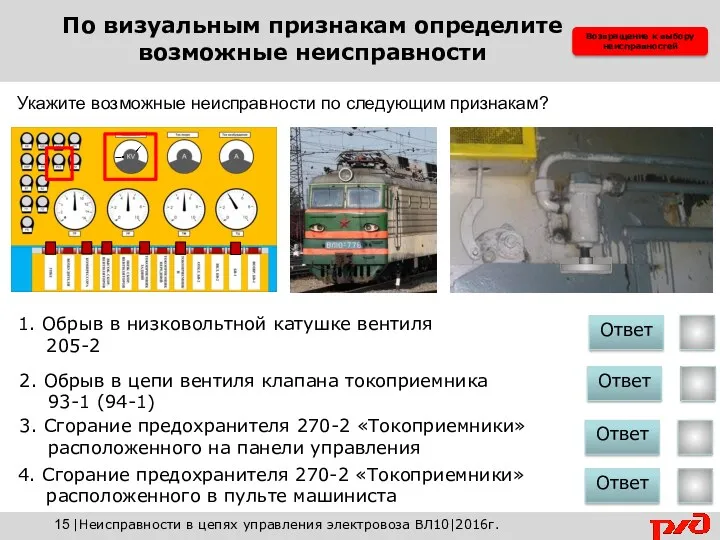 Возвращение к выбору неисправностей Укажите возможные неисправности по следующим признакам?