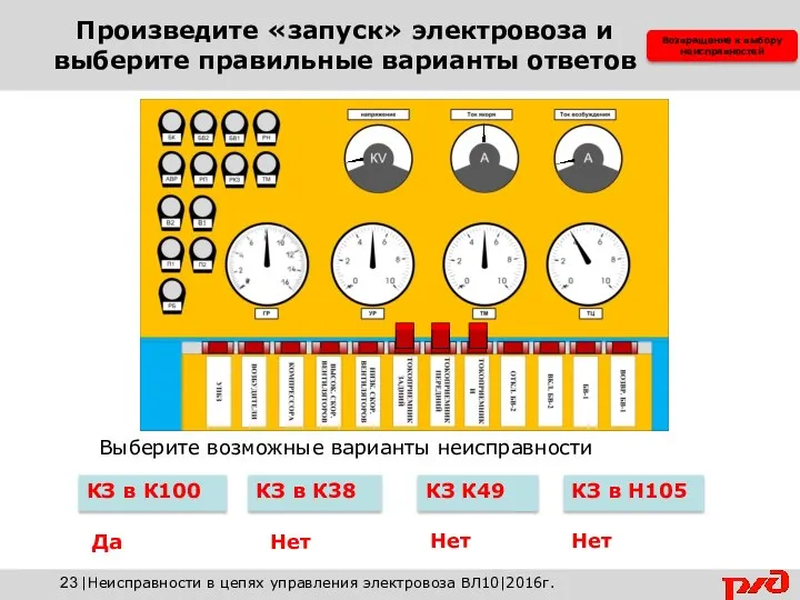 Возвращение к выбору неисправностей Произведите «запуск» электровоза и выберите правильные