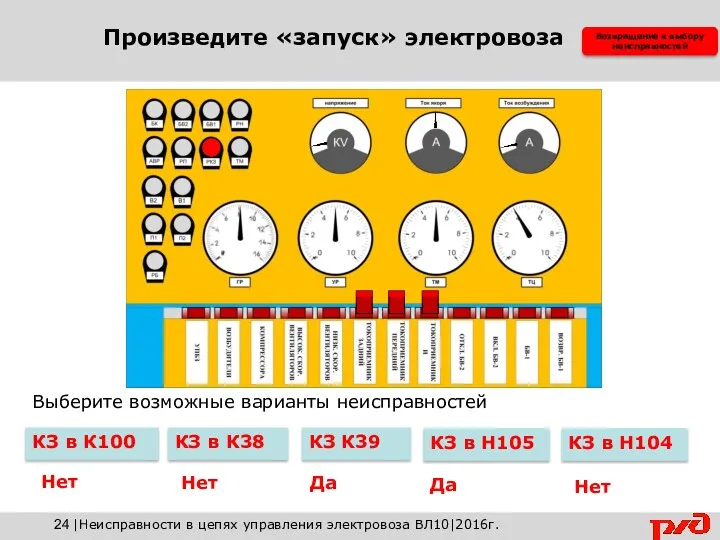 Возвращение к выбору неисправностей КЗ в К38 КЗ в Н105