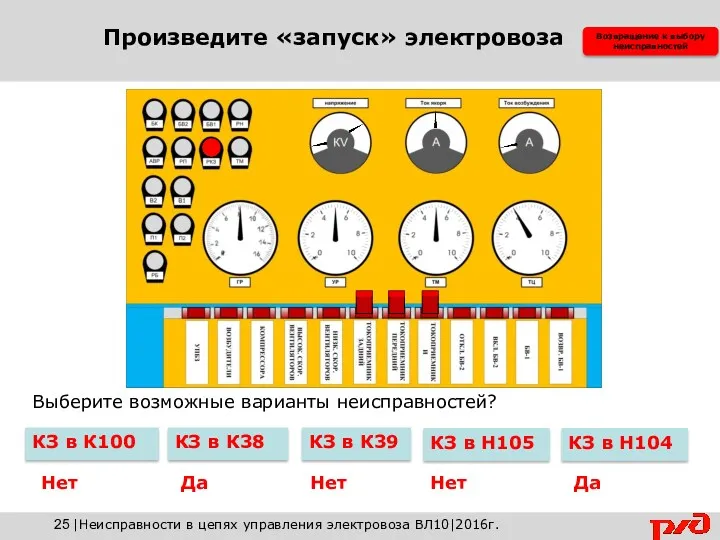 Возвращение к выбору неисправностей КЗ в К38 КЗ в Н105