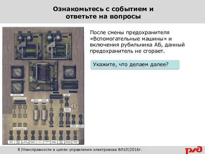 После смены предохранителя «Вспомогательные машины» и включения рубильника АБ, данный