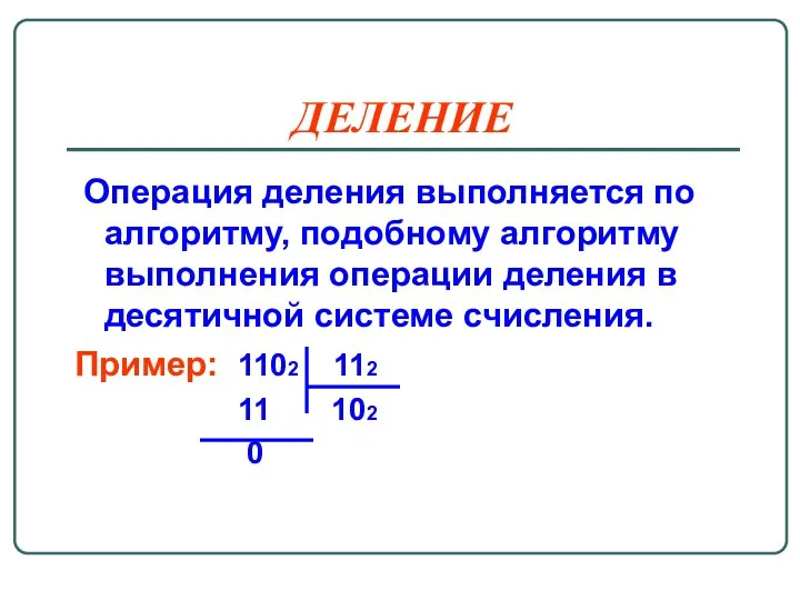 ДЕЛЕНИЕ Операция деления выполняется по алгоритму, подобному алгоритму выполнения операции