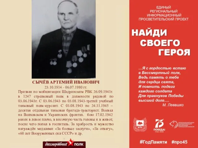 СЫЧЁВ АРТЕМИЙ ИВАНОВИЧ 23.10.1914 - 06.07.1980 гг. Призван по мобилизации