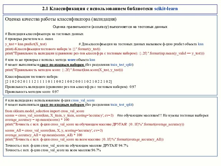 Оценка качества работы классификатора (валидация) Оценка правильности (accuracy) выполняется на тестовых данных #