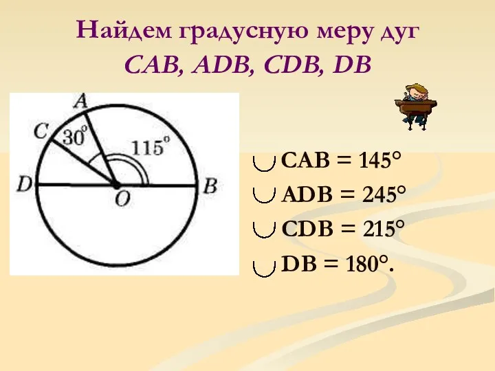 Найдем градусную меру дуг CAB, ADB, CDB, DB CAB = 145° ADB =
