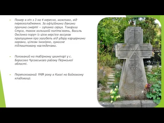 Помер в ніч з 3 на 4 вересня, можливо, від