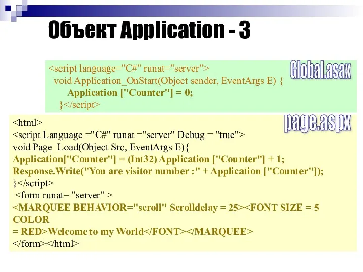 Объект Application - 3 void Application_OnStart(Object sender, EventArgs E) {