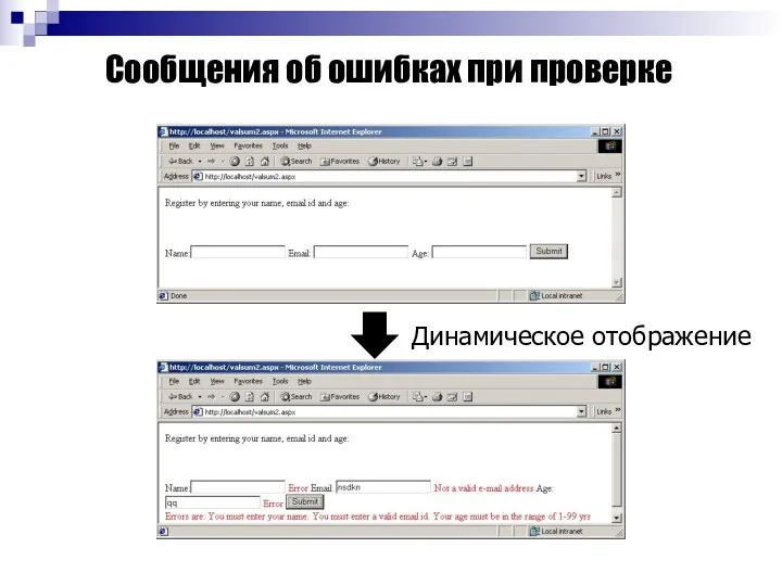Динамическое отображение Сообщения об ошибках при проверке