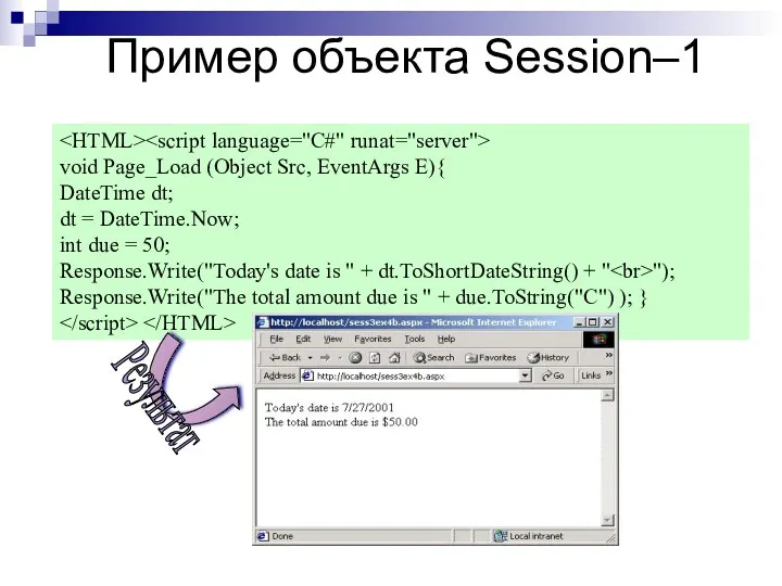 Пример объекта Session–1 void Page_Load (Object Src, EventArgs E){ DateTime