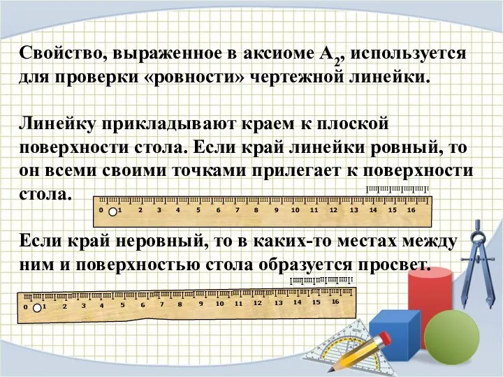 Свойство, выраженное в аксиоме А2, используется для проверки «ровности» чертежной