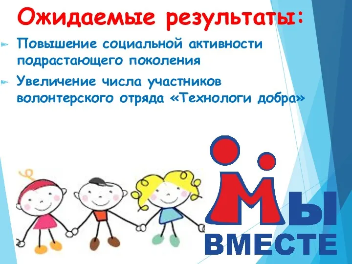 Ожидаемые результаты: Повышение социальной активности подрастающего поколения Увеличение числа участников волонтерского отряда «Технологи добра»