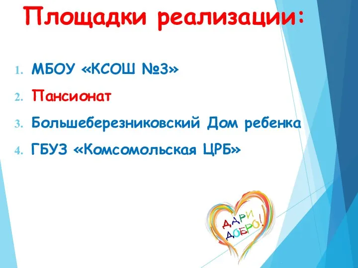 Площадки реализации: МБОУ «КСОШ №3» Пансионат Большеберезниковский Дом ребенка ГБУЗ «Комсомольская ЦРБ»