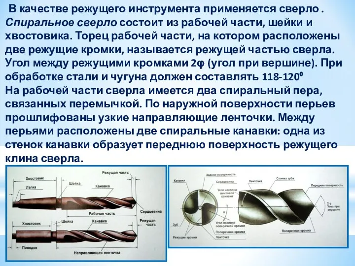 В качестве режущего инструмента применяется сверло . Спиральное сверло состоит