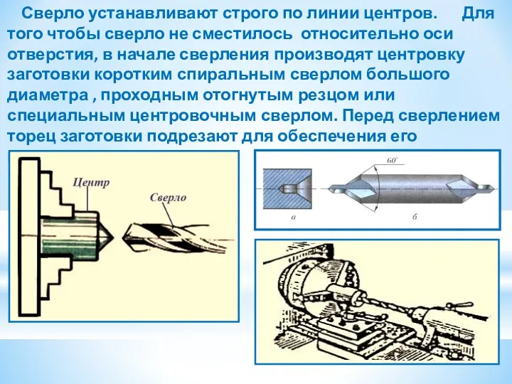 Сверло устанавливают строго по линии центров. Для того чтобы сверло