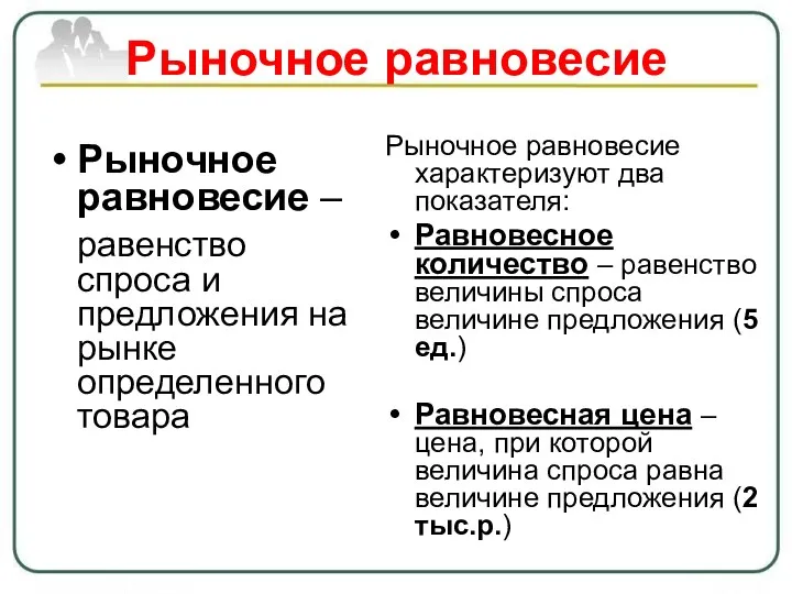 Рыночное равновесие Рыночное равновесие – равенство спроса и предложения на