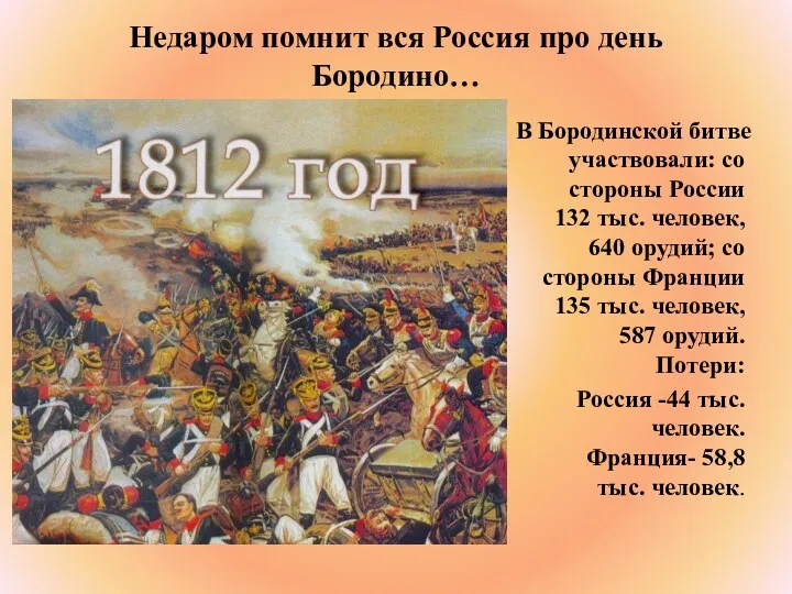 Недаром помнит вся Россия про день Бородино… В Бородинской битве