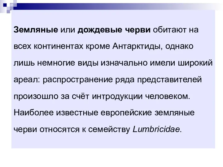 Земляные или дождевые черви обитают на всех континентах кроме Антарктиды,